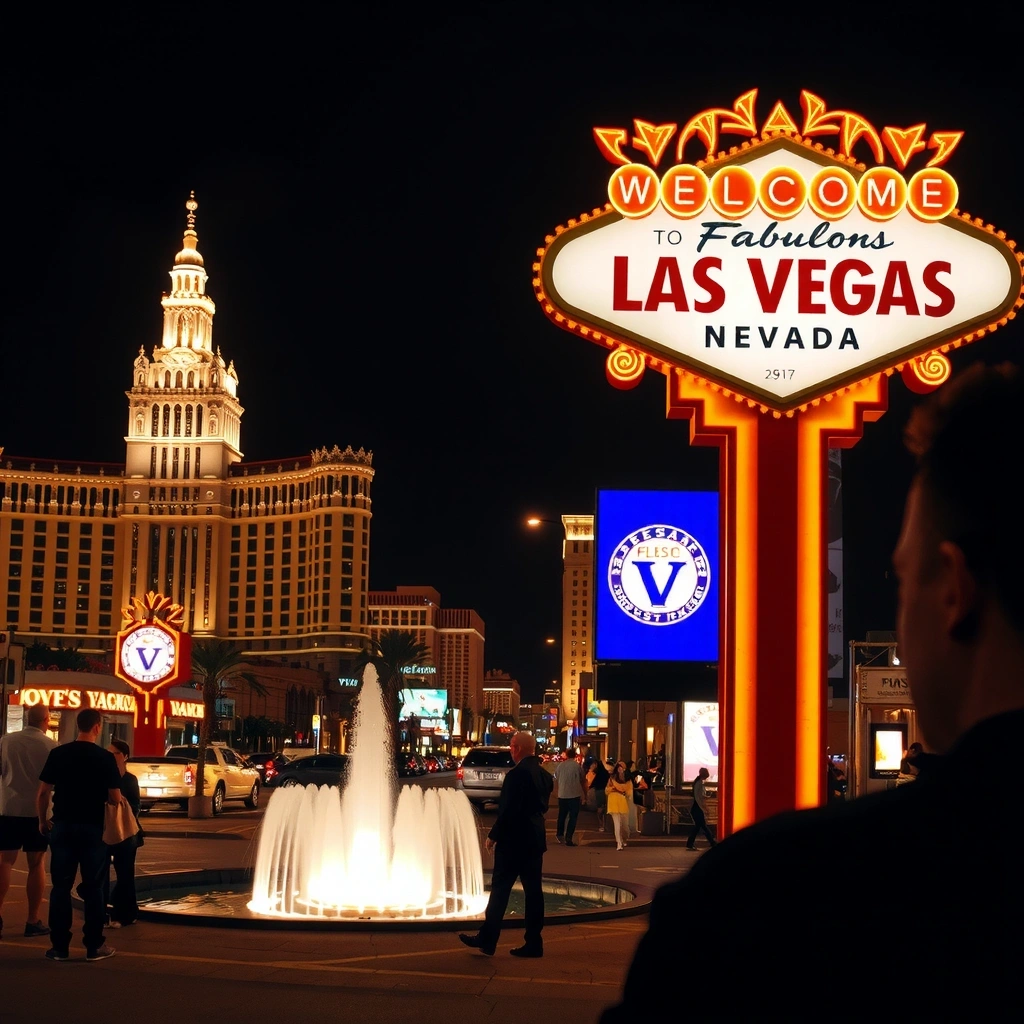 Лас-Вегас ночью с неоновыми огнями и фонтанами