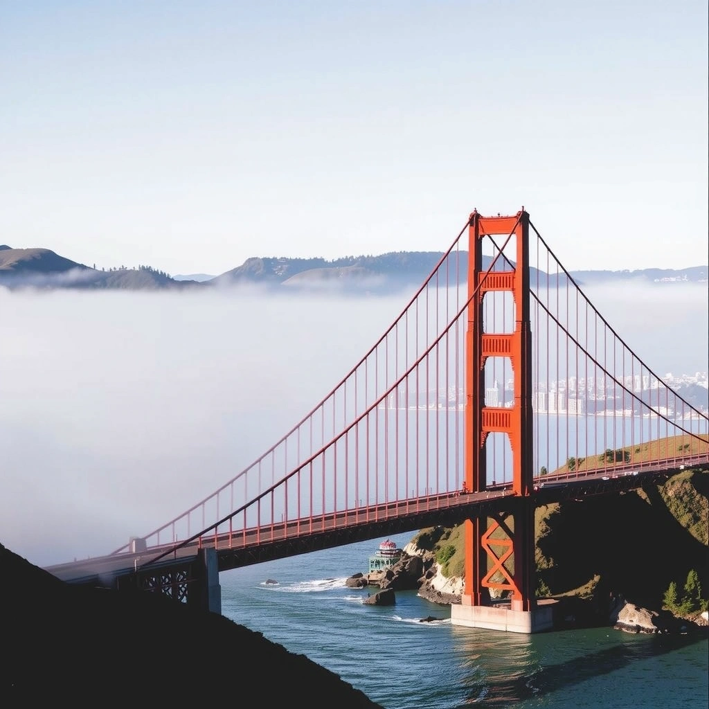 Золотые ворота в тумане с городом на фоне